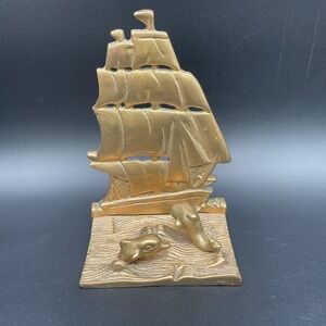Vintage Brass Tall Ship And Dolphins Nautical‎ Bookend Maritime Decor